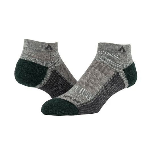 Pair of gray and black ankle socks on a white background