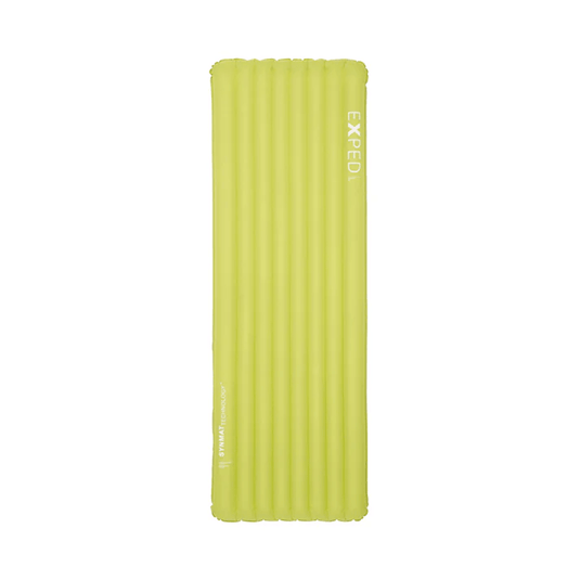 Yellow inflatable mattress with 'Exped' branding on a white background