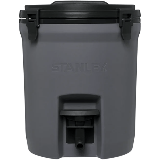Gray cooler with black lid and handle on a white background