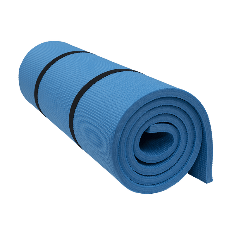 Load image into Gallery viewer, A blue exercise yoga mat rolled up with two black bands, shown on a plain white background.
