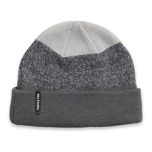 Gray and black beanie with a label on a white background
