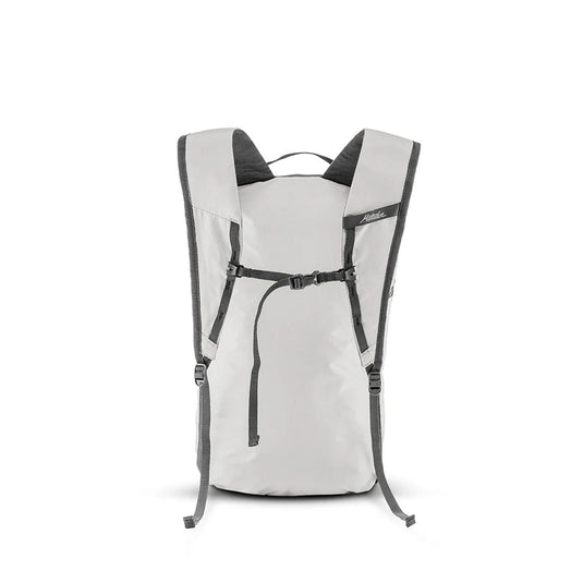 Light gray backpack with black straps on a white background
