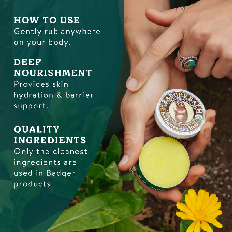 Load image into Gallery viewer, Person holding a Badger Balm jar with text on deep nourishment and quality ingredients.
