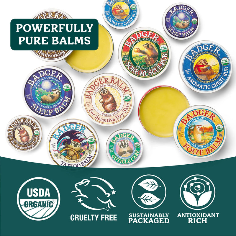 Load image into Gallery viewer, Collection of Badger Balm containers with various scents on a white background
