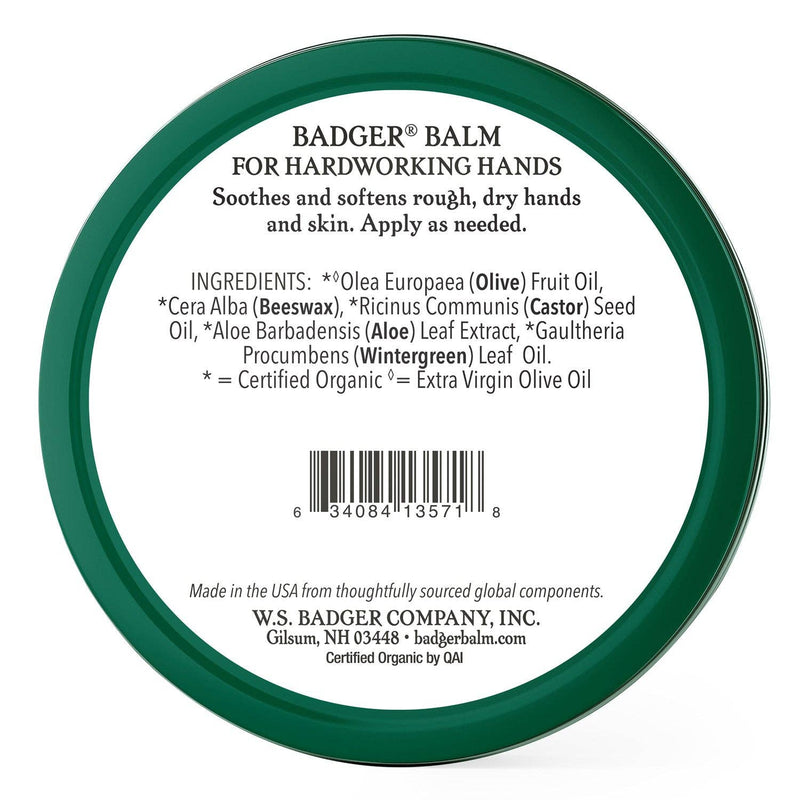 Load image into Gallery viewer, Back label of Badger Balm for hardworking hands with ingredients list and branding details.
