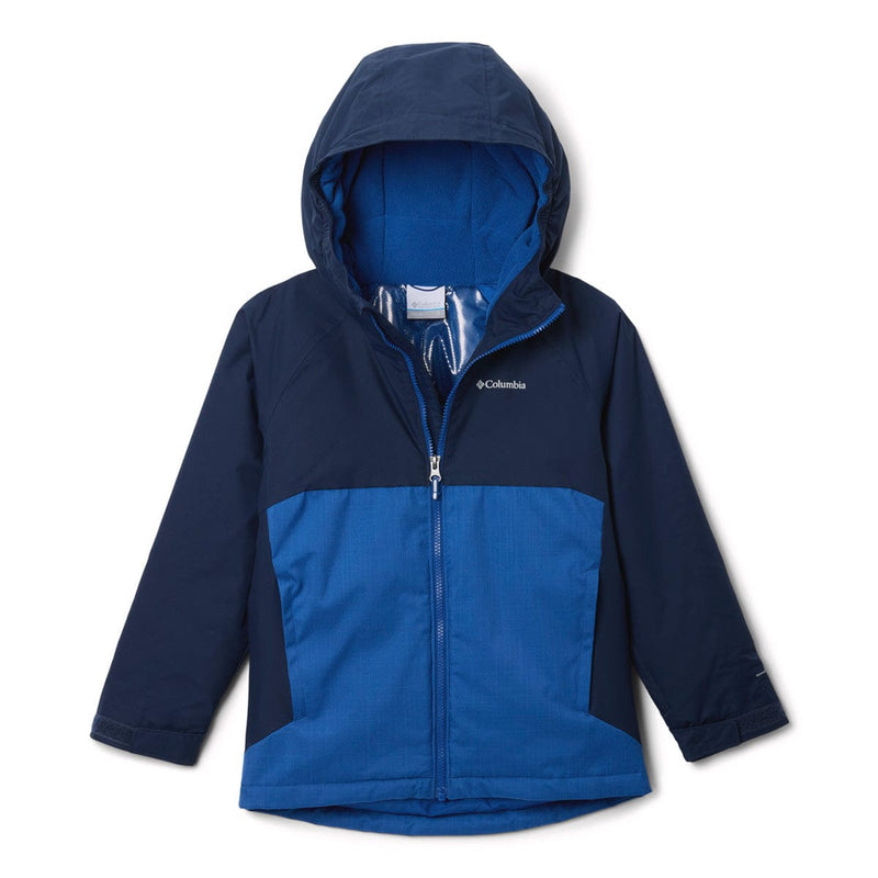 Load image into Gallery viewer, Blue and navy jacket with Columbia logo on a white background
