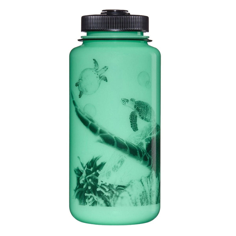 Load image into Gallery viewer, Green water bottle with turtle design on a white background
