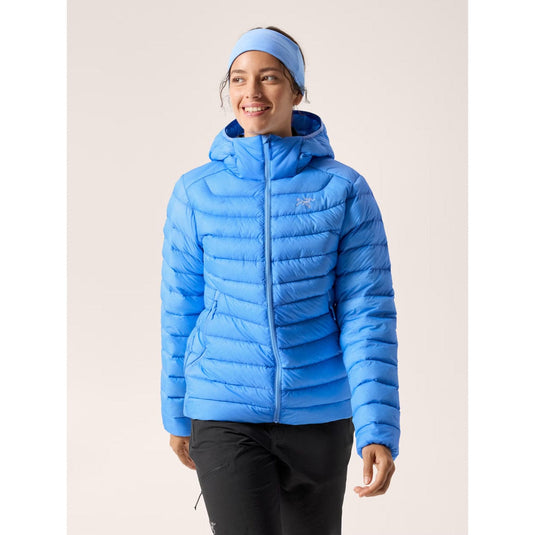 Person wearing a blue puffer jacket with a hood on a light background