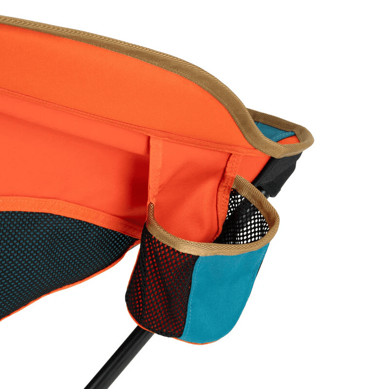 Load image into Gallery viewer, Close-up of a colorful folding chair with orange, blue, and black sections.
