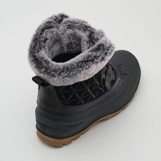 Black winter boot with gray fur lining on a white background
