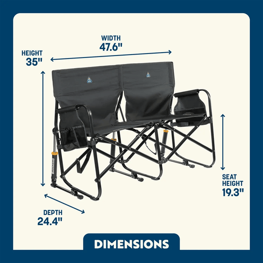 Black folding chair with dimensions labeled on a white background