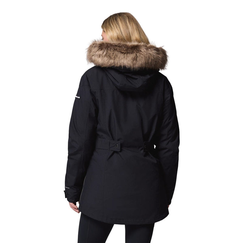 Load image into Gallery viewer, Black winter coat with fur hood on a white background
