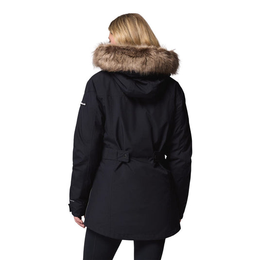Black winter coat with fur hood on a white background