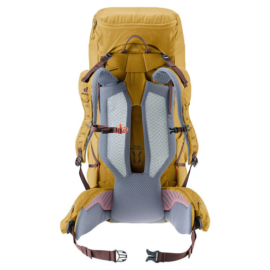 Yellow hiking backpack with gray back panel on a white background