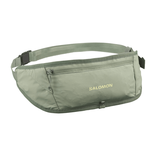 Green waist bag with 'Salomon' branding on a white background