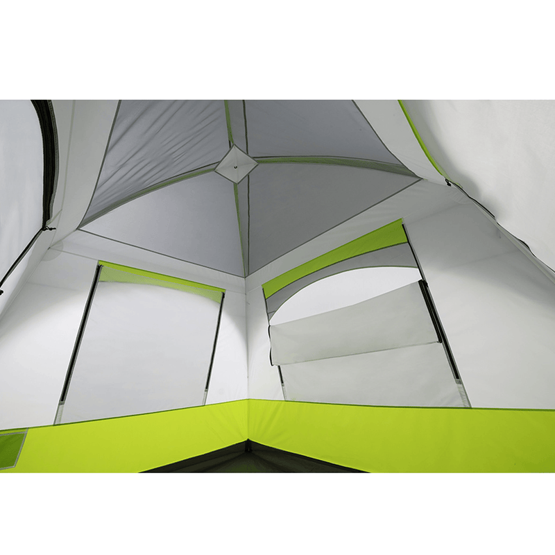 Load image into Gallery viewer, Close-up of a tent interior with green and gray panels
