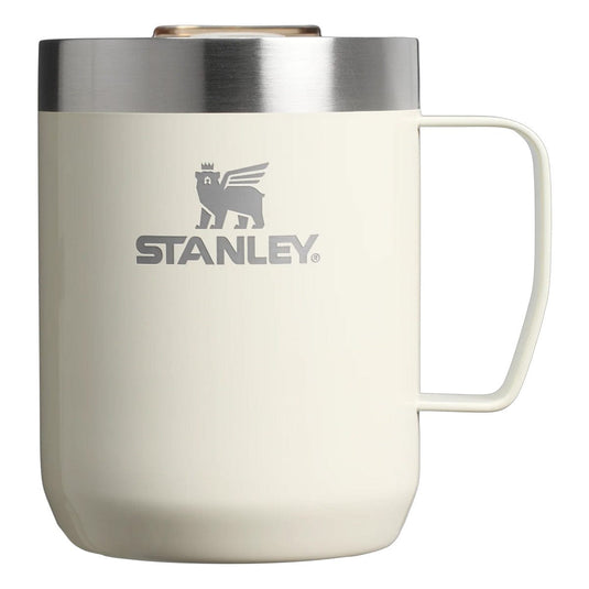 White Stanley mug with a silver lid on a white background