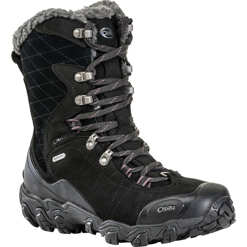 Load image into Gallery viewer, Black winter boot with gray laces and fur lining on a white background
