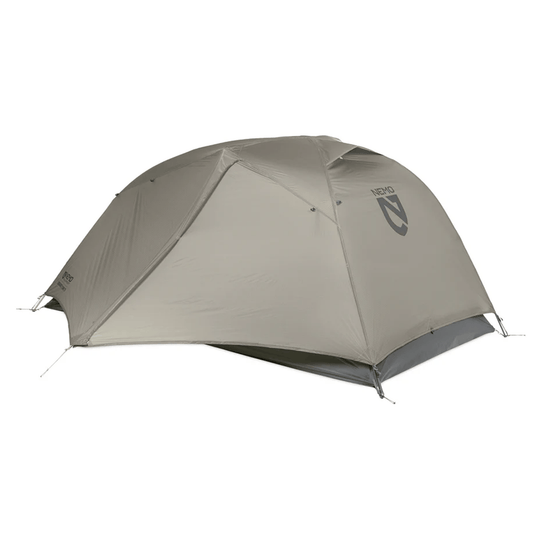 Gray tent with a brand logo on a white background