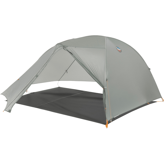 Gray camping tent with a brand logo on a white background