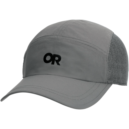 Gray cap with mesh back and black logo on a white background