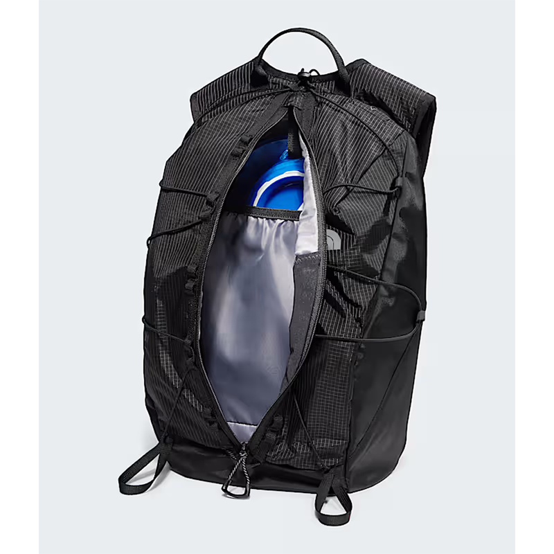 Load image into Gallery viewer, Black backpack with compartments on a light gray background
