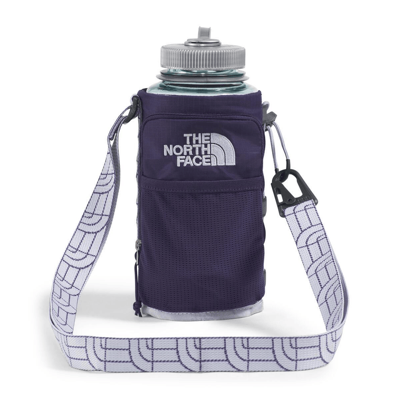 Load image into Gallery viewer, The North Face water bottle holder with a clear water bottle on a white background
