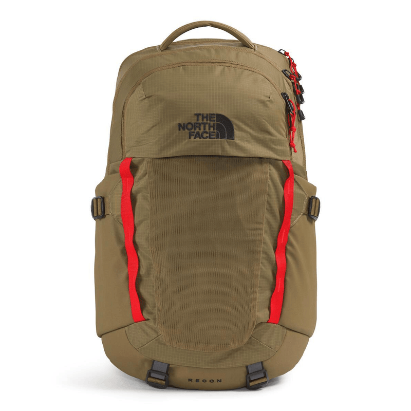 Load image into Gallery viewer, Brown backpack with red accents and The North Face logo on a white background

