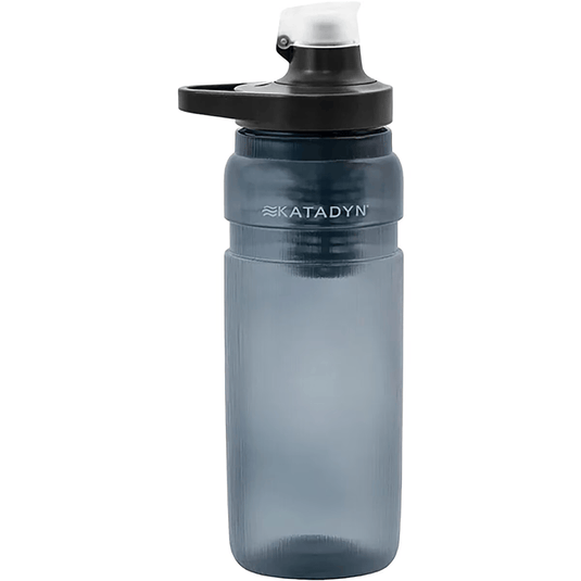 Gray water bottle with black cap on a white background