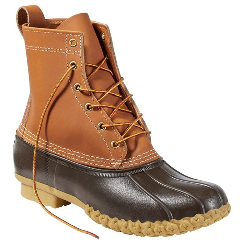 Load image into Gallery viewer, Brown and black duck boot with orange laces on a white background
