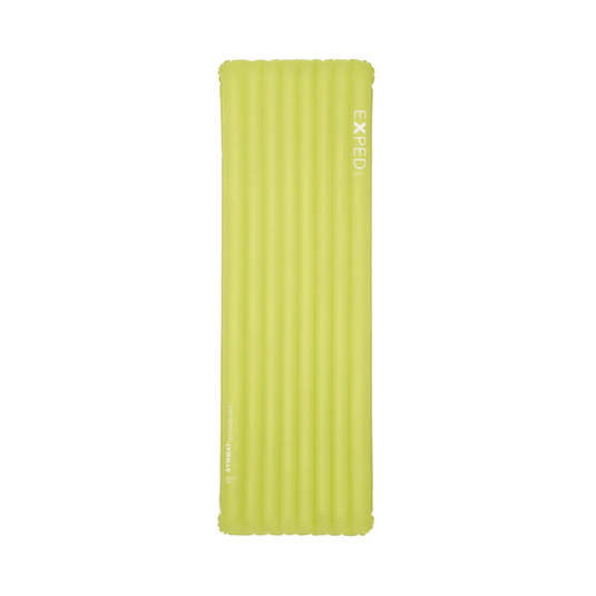 Yellow inflatable sleeping pad with 'Exped' branding on a white background