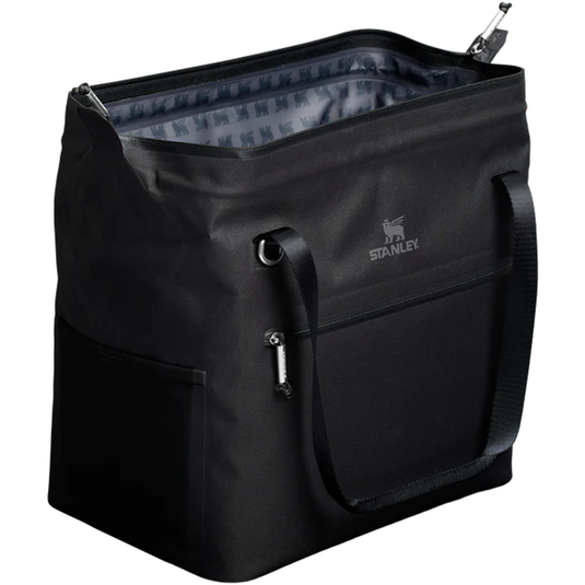 Black cooler bag with shoulder strap on a white background