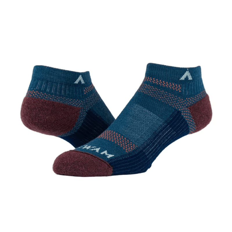Load image into Gallery viewer, Pair of blue and burgundy socks with a brand logo on a white background
