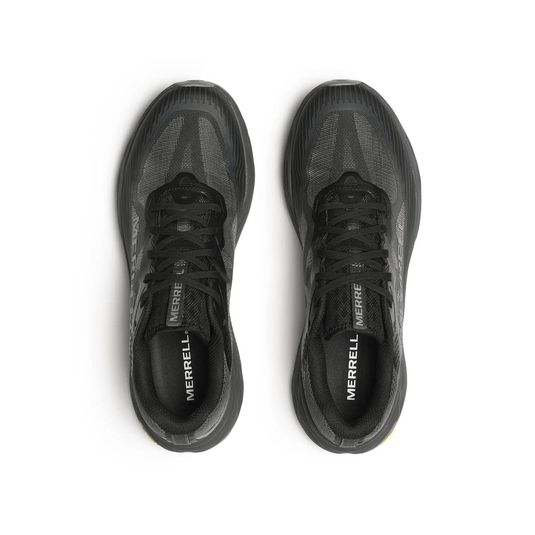 Black Merrell running shoes on a white background