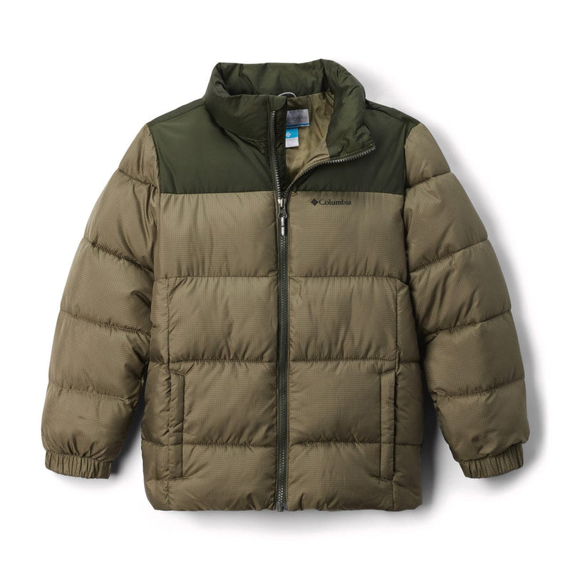 Load image into Gallery viewer, Green puffer jacket with Columbia logo on a white background
