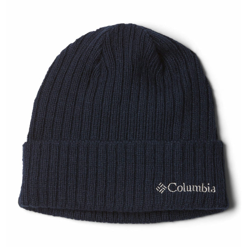 Load image into Gallery viewer, Navy blue knit beanie with Columbia logo on a white background
