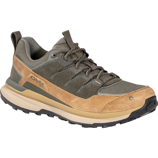 Brown and gray hiking shoe with Oboz logo on a white background