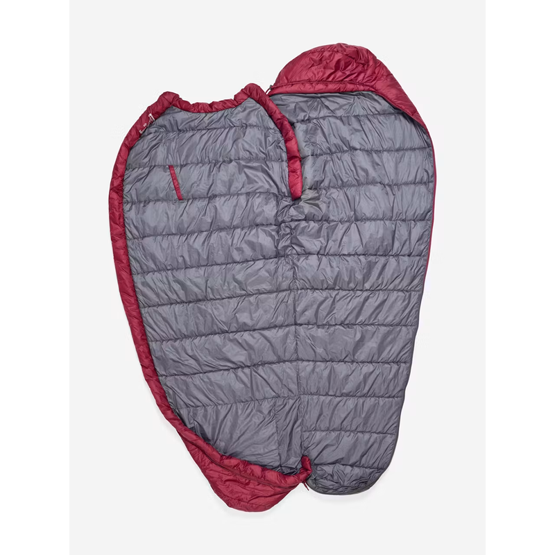 Load image into Gallery viewer, A gray quilted sleeping bag shown folded flat against a light gray background, with a dark red or burgundy lining and trim.
