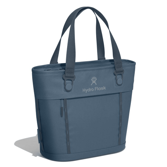 Blue tote bag with Hydro Flask logo on a white background