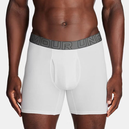 White boxer briefs with a gray waistband featuring a brand logo on a plain background