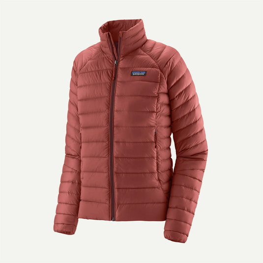 Red puffer jacket with a brand logo on a white background