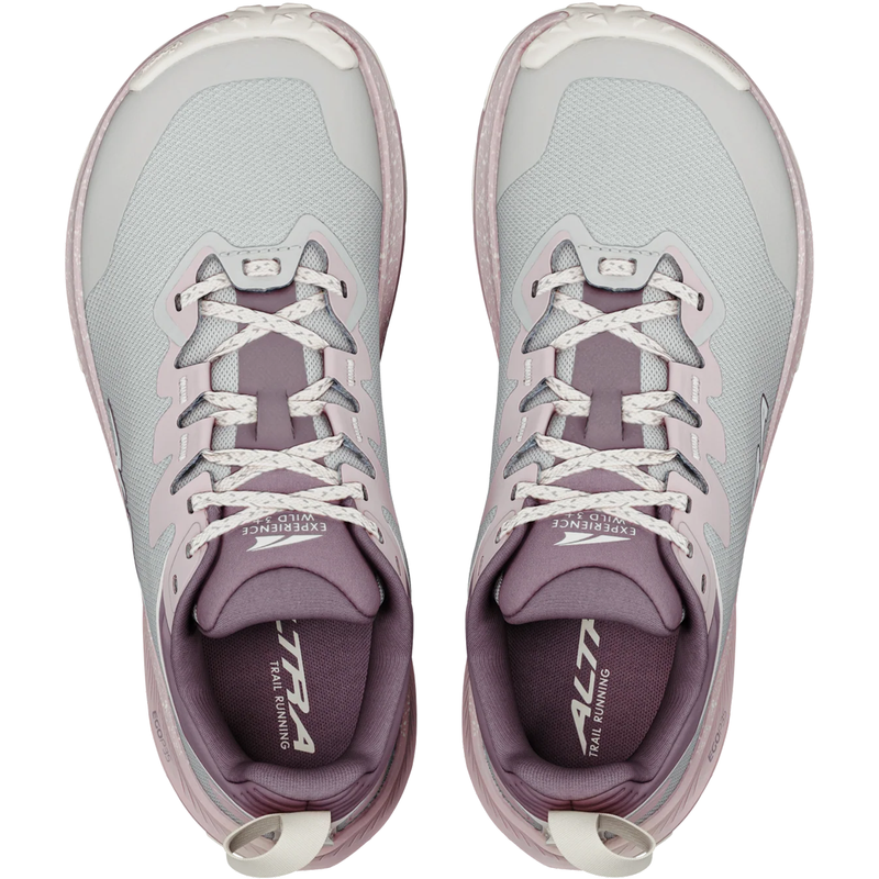 Load image into Gallery viewer, Pair of gray and purple running shoes with white laces on a white background
