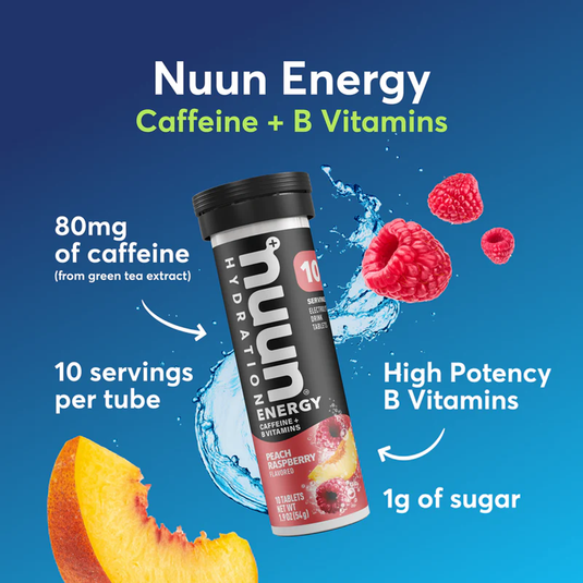 Nuun Energy drink tube with ingredients and benefits on a blue background