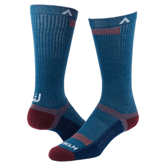 Pair of blue and red socks with a brand logo on a white background
