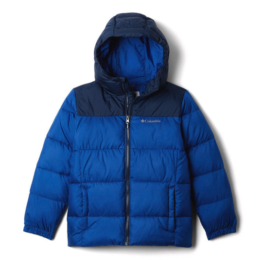 Blue puffer jacket with Columbia logo on a white background
