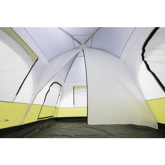 Inside view of a tent with yellow and gray walls