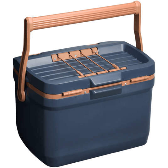 Blue cooler box with brown handles on a white background