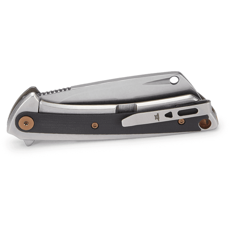 Load image into Gallery viewer, A folding pocket knife with a brushed silver metal frame and a textured black handle scale, shown open against a plain white background.

