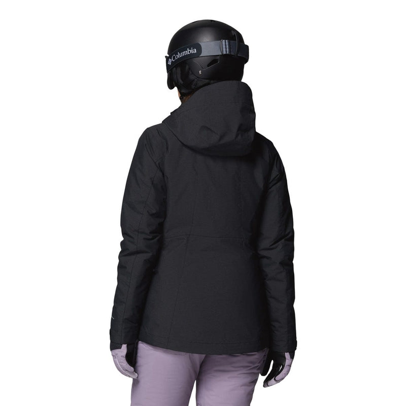 Load image into Gallery viewer, Person wearing a black jacket and helmet with Columbia logo on a white background
