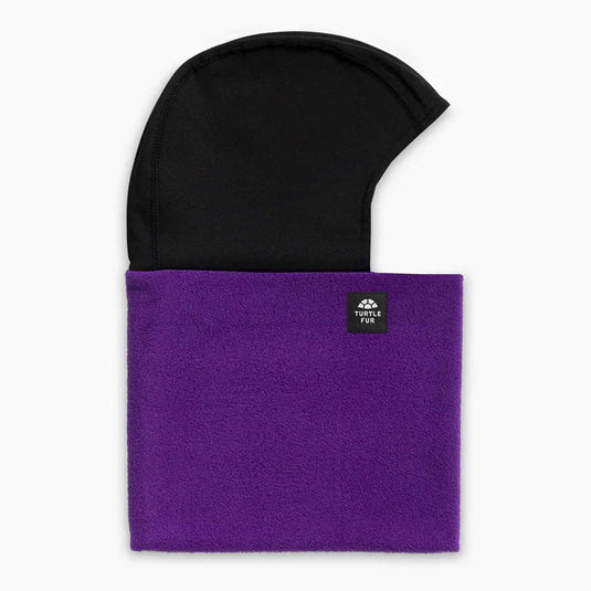 Black and purple balaclava with a visible brand logo on a white background
